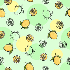Seamless vector pattern with cartoon hand drawn fruits and berries. Vector illustration. Suitable for wallpaper, print, t-shirt, banner, pattern.