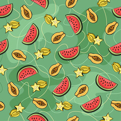 Seamless vector pattern with cartoon hand drawn fruits and berries. Vector illustration. Suitable for wallpaper, print, t-shirt, banner, pattern.