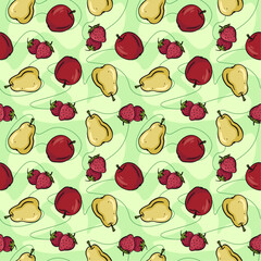 Seamless vector pattern with cartoon hand drawn fruits and berries. Vector illustration. Suitable for wallpaper, print, t-shirt, banner, pattern.