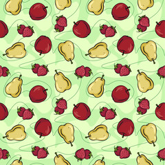 Seamless vector pattern with cartoon hand drawn fruits and berries. Vector illustration. Suitable for wallpaper, print, t-shirt, banner, pattern.