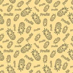 Seamless vector pattern with cartoon hand drawn fruits and berries. Vector illustration. Suitable for wallpaper, print, t-shirt, banner, pattern.