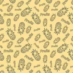 Seamless vector pattern with cartoon hand drawn fruits and berries. Vector illustration. Suitable for wallpaper, print, t-shirt, banner, pattern.