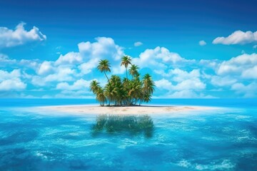 Fototapeta na wymiar Tropical tiny desert island with palm trees atoll in the middle of the ocean. paradise island. generative AI