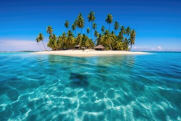 Fototapeta na wymiar small Tropical island with palm trees atoll in the Indian Ocean, Maldives. generative AI