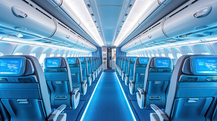 Interior of empty modern aircraft with blue flight seats and hallway in daytime during flight. Generative AI