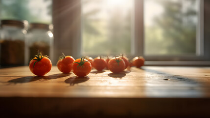 tomato on wooden kitchen table , generative ai