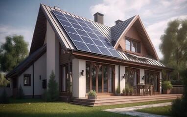 House in natural environment with solar panels. Sustainable and renewable energy concept. Ai Generative