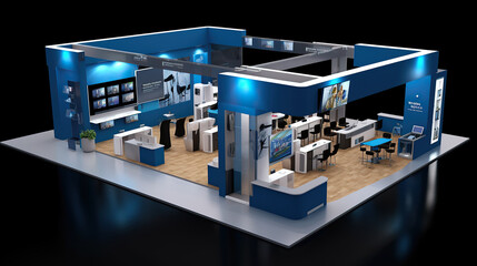 Commercial stand in an exhibition hall or a large professional salon ready to receive brands and advertisements Generative AI