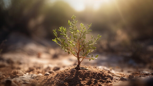 Young plant on dry ground in the morning. Concept of global warming and climate change.