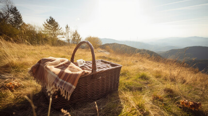 Picnic basket with blanket on top of a mountain in the morning