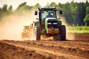 Obraz premium Farmer using tractor works on agricultural field. Generative AI