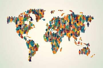 world map with people,crowd of multicultural people composing a world map, ai generative