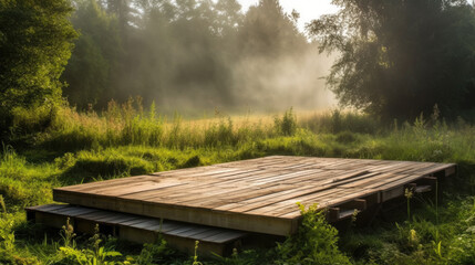 Empty wooden stage and benches on a foggy summer morning in the forest