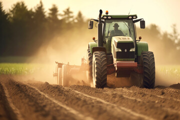 Fototapeta premium Farmer using tractor works on agricultural field. Generative AI