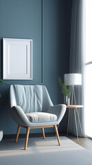 Fototapeta na wymiar Blank picture frame mockup on blue wall. Modern living room design. Instagram Story, generative AI