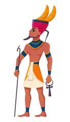 Ancient Egyptian god Amun flat vector illustration. Deity of Egypt air and sun isolated on white background. Antique mythological character from history, religion person.