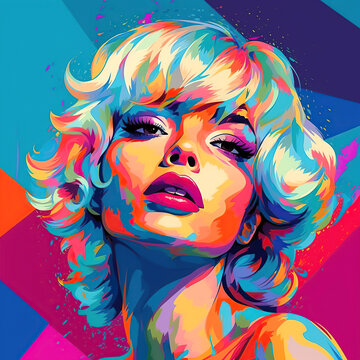 Pop art retro style pretty sexy blonde young woman on vibrant colorful background. Created with generative Ai