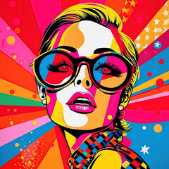 Fototapeta na wymiar Pop art retro style pretty sexy blonde young woman wearing sunglasses on vibrant colorful background. Created with generative Ai