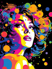 Naklejka premium Pop art retro style pretty sexy brunette young woman wearing sunglasses on vibrant colorful background. Created with generative Ai