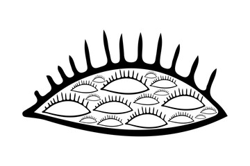 Eye with eyelashes and eyes insight, simple doodle illustration, icon, hand drawing, black contour on white background