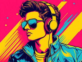 Naklejka na ściany i meble Young man wearing headphones and sunglasses, listening music on a colorful background. Vibrant pop art retro style. Created with generative Ai