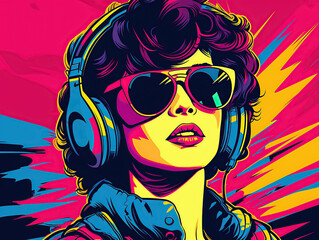 Pop art retro style pretty blonde young woman wearing headphones and sunglasses on vibrant colorful background. Created with generative Ai