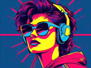Obraz na płótnie Canvas Pop art retro style pretty blonde young woman wearing headphones and sunglasses on vibrant colorful background. Created with generative Ai