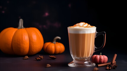 Spicy pumpkin latte with whipped cream and cinnamon over dark background with autumn leaves. A glass of creamy coffee with pumpkin, spices and cinnamon stick. Copy space. Generative AI