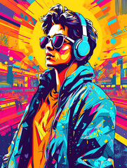 Young man wearing headphones and sunglasses, listening music on a colorful background. Vibrant pop art retro style. Created with generative Ai