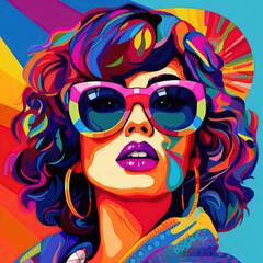 Pop art retro style pretty sexy brunette young woman wearing sunglasses on vibrant colorful background. Created with generative Ai