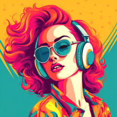 Pop art retro style pretty sexy ginger young woman wearing sunglasses on vibrant colorful background. Created with generative Ai