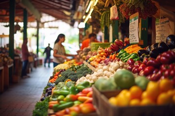 Fototapeta na wymiar A shopper exploring a bustling farmers market, surrounded by fresh produce and local artisanal goods. Generative AI
