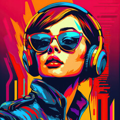 Pop art retro style pretty brunette young woman wearing headphones and sunglasses on vibrant colorful background. Created with generative Ai