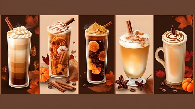 Set of different autumn or winter hot drinks illustration. Drinking glass variety with cappucino, pumpkin latte, hot chocolate, mulled wine on brown background. Seasonal menu concept. Generative AI