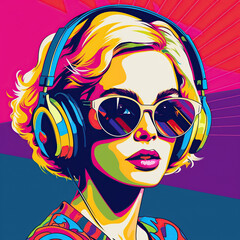 Fototapeta na wymiar Pop art retro style pretty blonde young woman wearing headphones and sunglasses on vibrant colorful background. Created with generative Ai