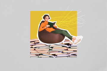 Creative poster collage of smart young lady sitting bean bag reading pile stack books education...