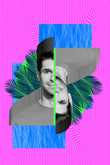 Vertical abstract composite photo collage of positive handsome man divided on two parts inverted...