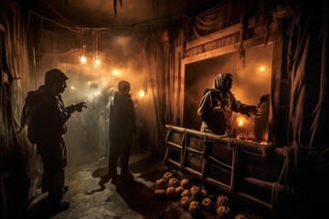 Fototapeta na wymiar A spooky scene at a haunted house attraction. Halloween Concept. Generative AI
