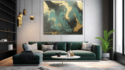 抽象的な完全な背景のための絶妙な元の絵画からの金緑の黒の大理石のインク抽象芸術GenerativeAI