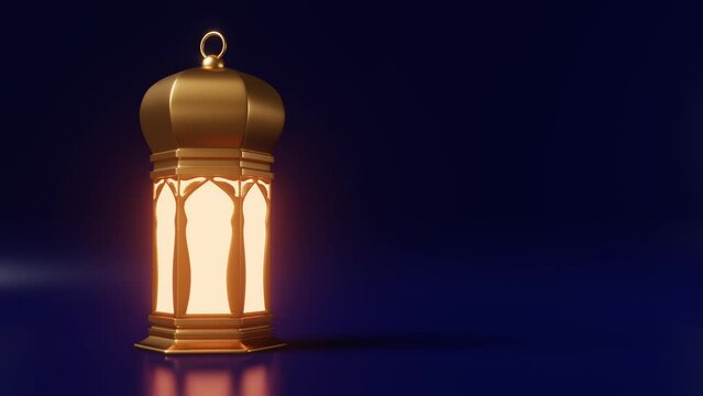 Eid al-Adha or the Feast of Sacrifice Muslim religious holiday, Islamic festival the end of Ramadan Candle lantern with glowing light copy space dark blue background 3d animation loop motion graphics.