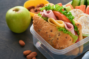 Healthy food for school lunch concept. Healthy bread, meat sandwich with cheese, apple, fresh cucumber, carrots, nuts in container, water and yogurt on dark background. Back to school concept.