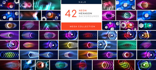 Mega collection of neon line effect hexagon backgrounds. Backdrop bundle for wallpaper, banner, background, landing page, wall art, invitation, print, posters