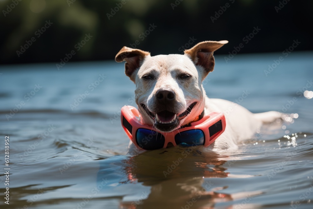 Wall mural a dog with a life preserver in the water, generative AI