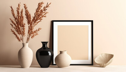 Leeres Bilderrahmen-Template (Rahmenvorlage) mit Vasen, Pflanze und einer Muschel in einem modernen Innenraum (Generative. AI)