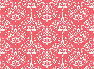 Wallpaper in the style of Baroque. Seamless vector background. White and pink floral ornament. Graphic pattern for fabric, wallpaper, packaging. Ornate Damask flower ornament
