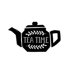 Vector illustration Tea Time with lettering. Black tea pot with hand written inscription