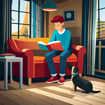 Teenage boy is reading a book with a dog