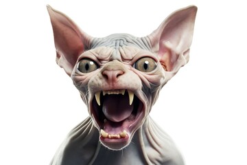 Obraz premium Angry screaming sphynx cat on white background Generative AI
