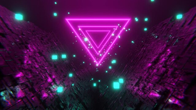 Abstract 3D sci-fi background. Seamless loop animation. Vaporwave videogame style with pink cyan neon glow. Bright light triangle and cube particles in dark space. 4k video 3d motion design 30 fps