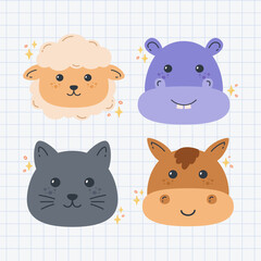 Hand drawn of cute animal head collection vector design illustration